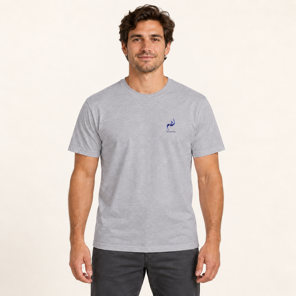 WhiteFyr Men’s Cotton Logo T-Shirt in Heather Grey — AI-assisted model studio mockup