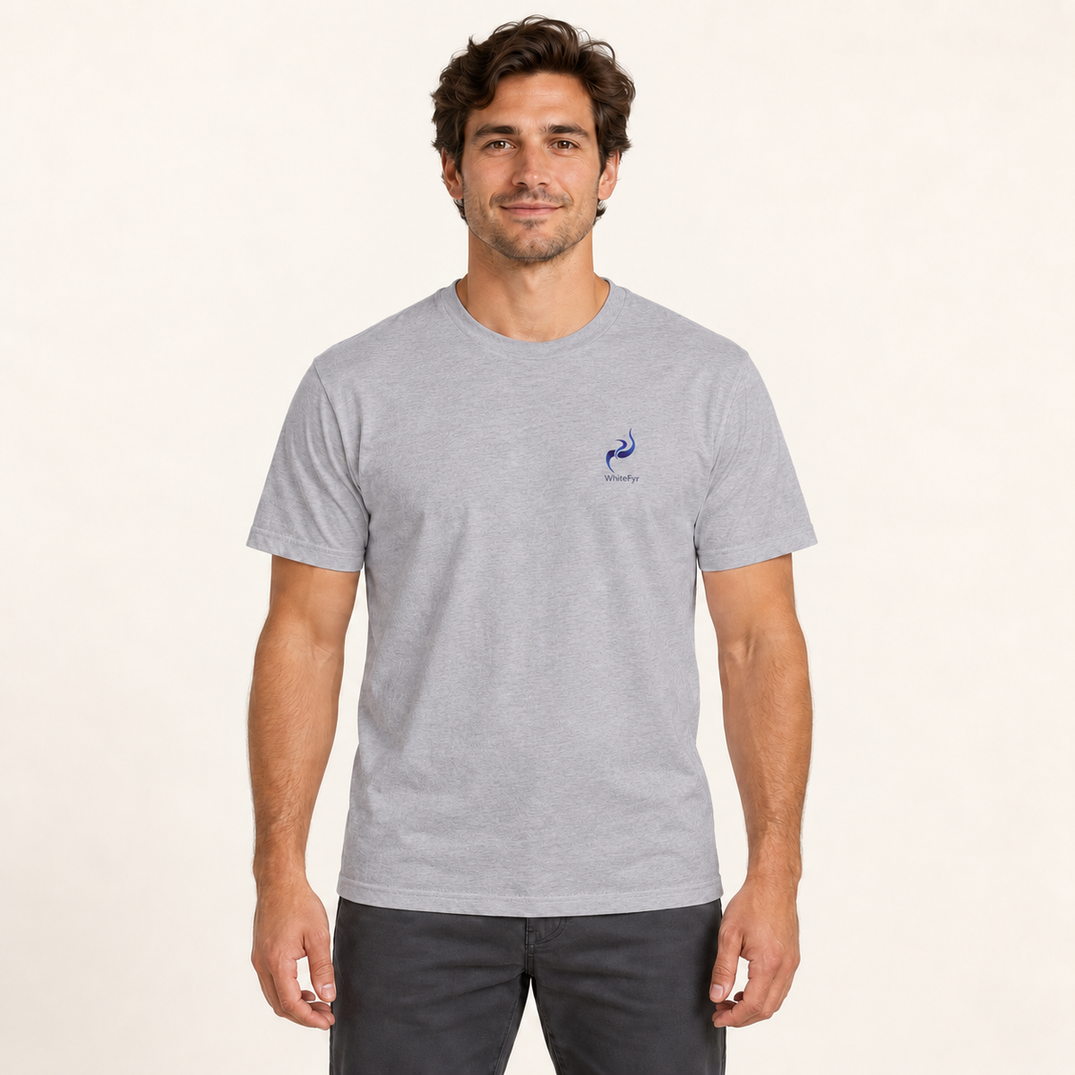 WhiteFyr Men’s Cotton Logo T-Shirt in Heather Grey — AI-assisted model studio mockup