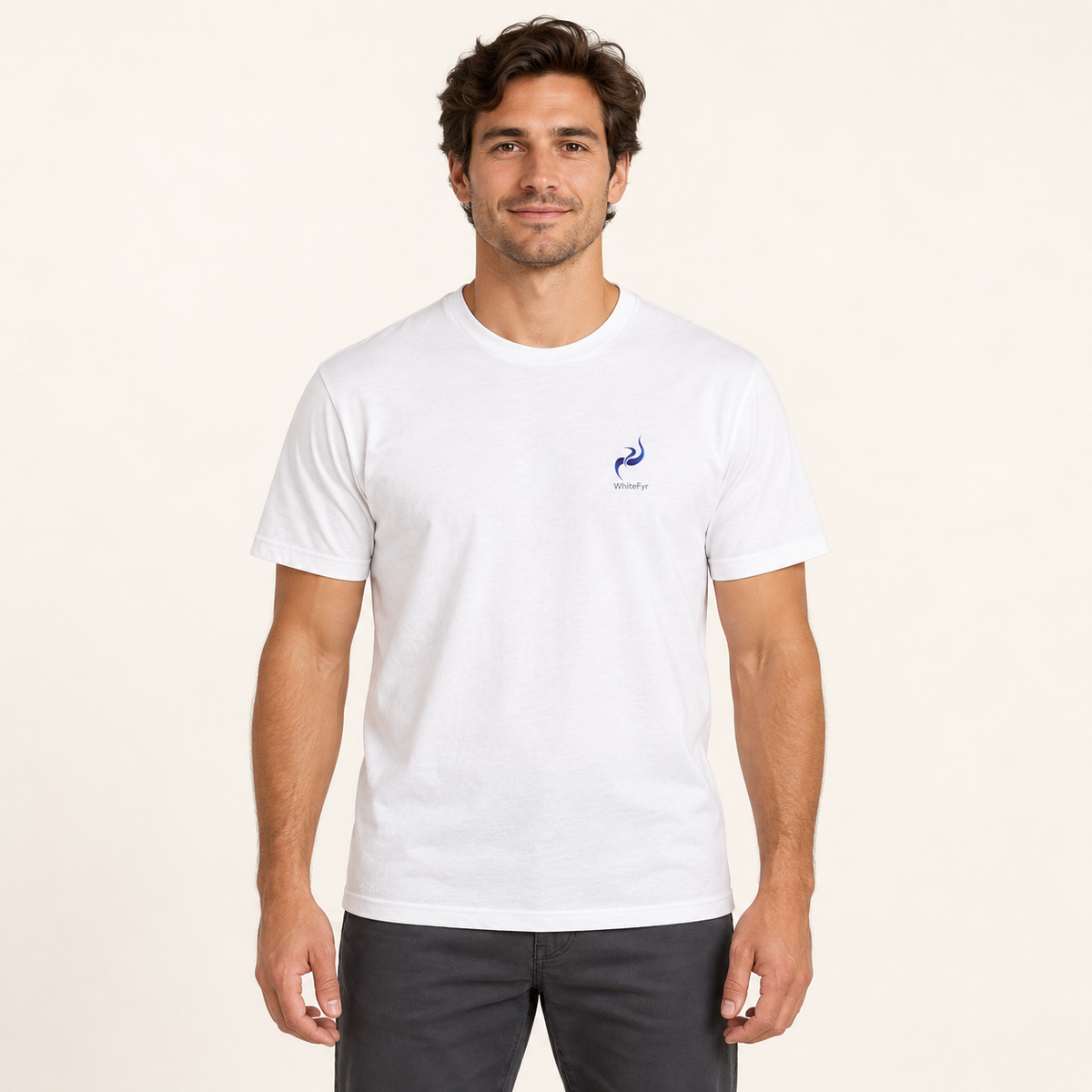WhiteFyr Men’s Cotton Logo T-Shirt — AI-assisted studio model mockup