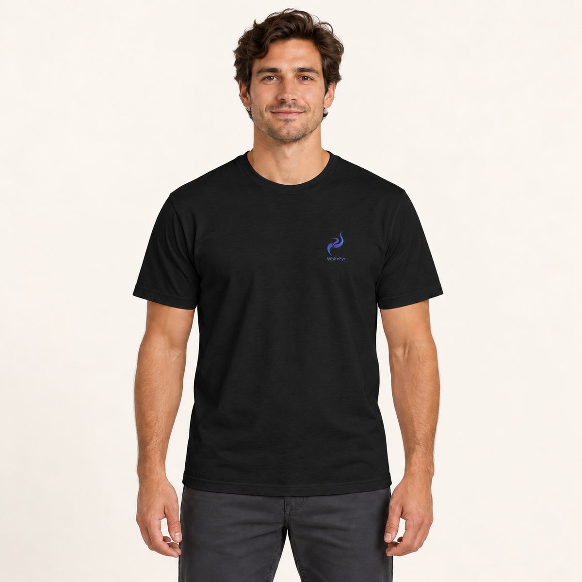 WhiteFyr Men’s Cotton Logo T-Shirt in Solid Black — AI-assisted model studio mockup
