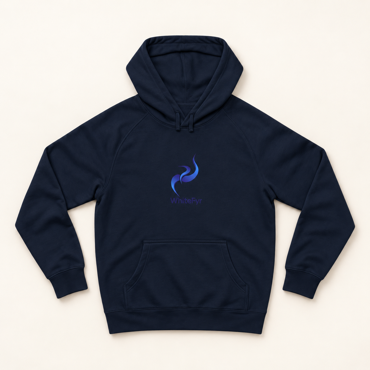 WhiteFyr men's navy hoodie — AI-assisted studio front mockup