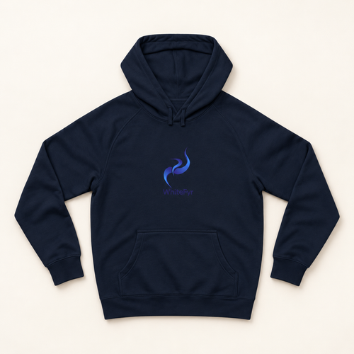 WhiteFyr men's navy hoodie — AI-assisted studio front mockup