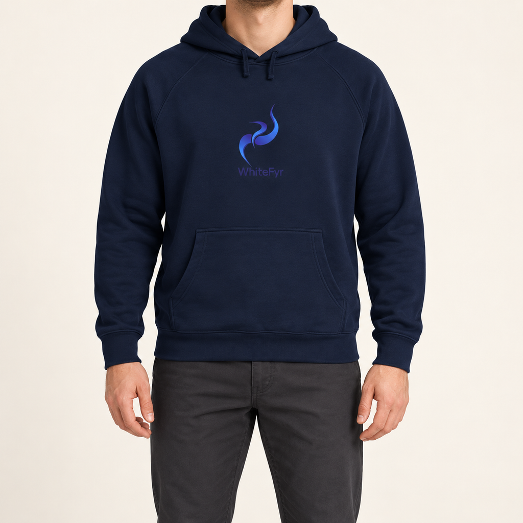 WhiteFyr men's navy hoodie — AI-generated studio model mockup