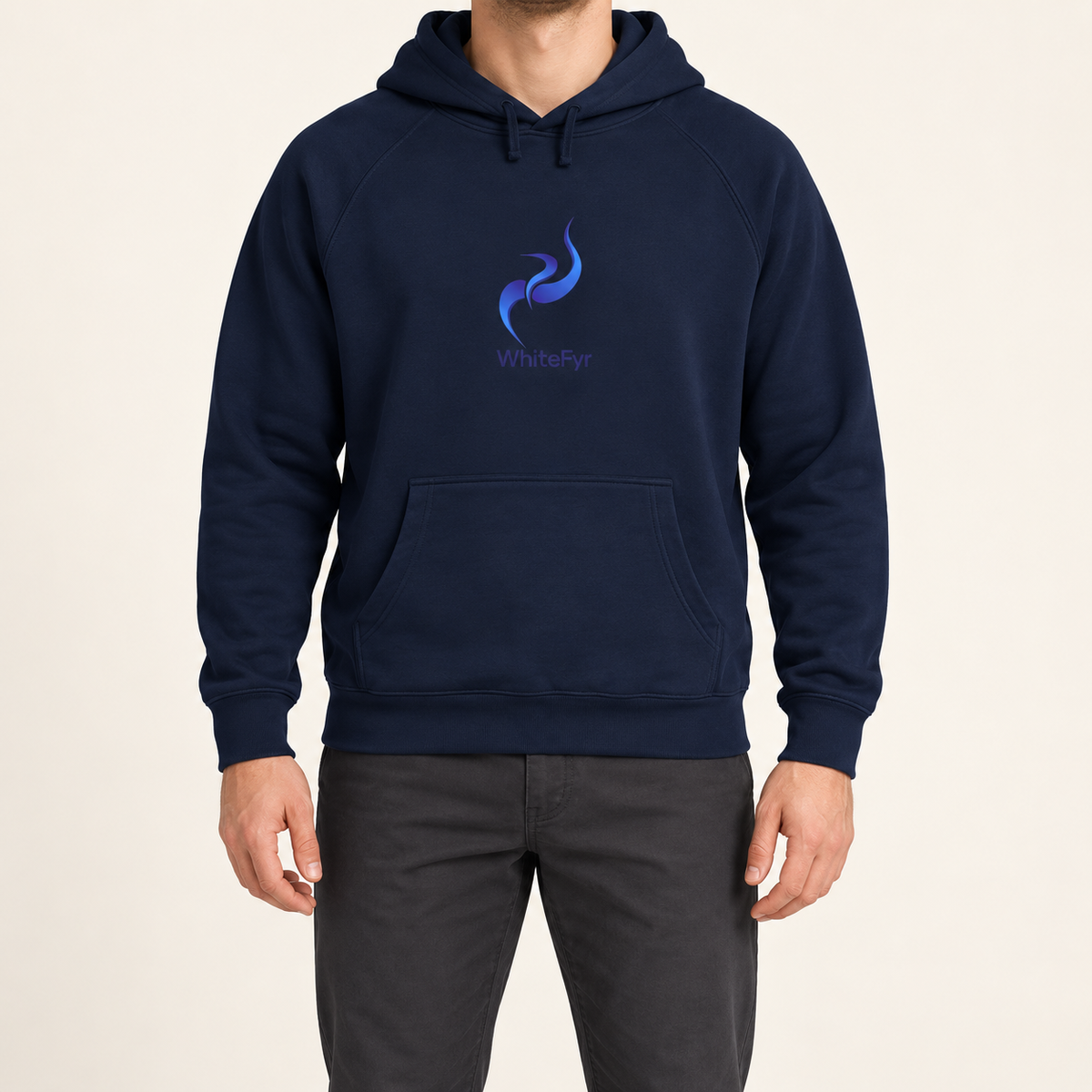 WhiteFyr men's navy hoodie — AI-generated studio model mockup