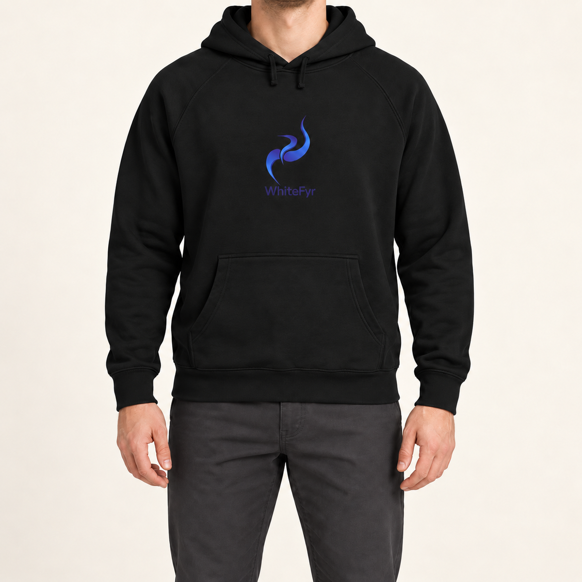 WhiteFyr Men's Performance Hoodie in Black — AI-assisted model studio mockup