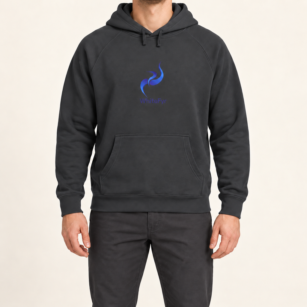 WhiteFyr Men's Performance Hoodie in Coal — AI-assisted model studio mockup