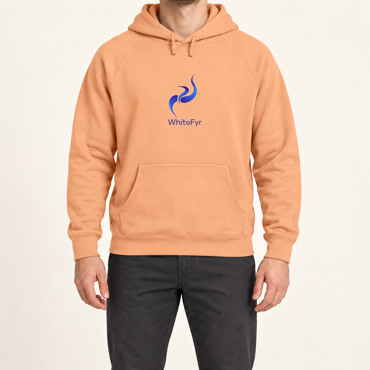 WhiteFyr Men's Performance Hoodie in Peach — AI-assisted model studio mockup