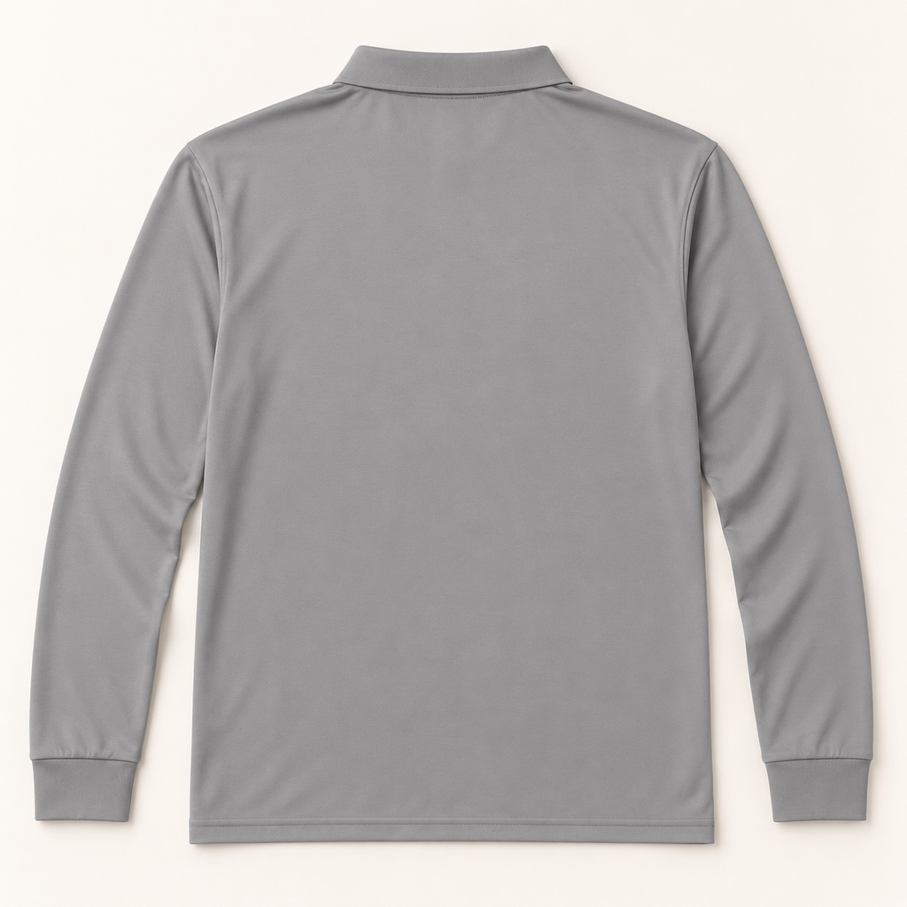 WhiteFyr Men's Performance Polo - Long Sleeve in Gusty Grey — AI-assisted back studio mockup