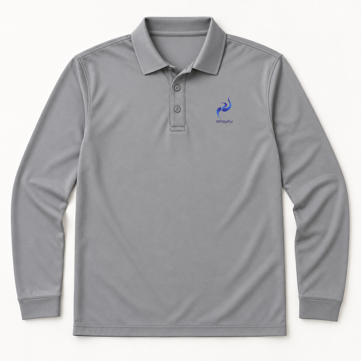 WhiteFyr Men's Performance Polo - Long Sleeve in Gusty Grey — AI-assisted front studio mockup
