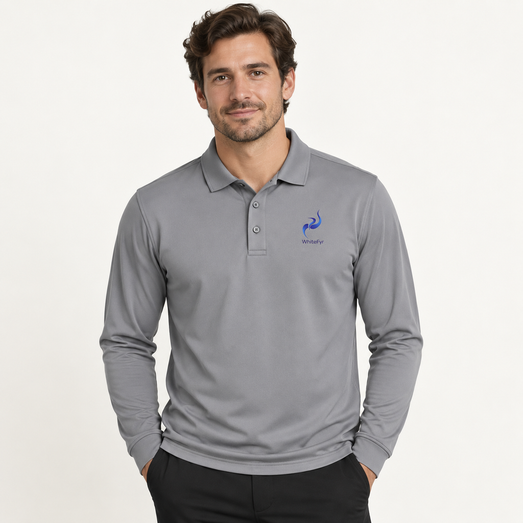 WhiteFyr Men's Performance Polo - Long Sleeve in Gusty Grey — AI-assisted model studio mockup