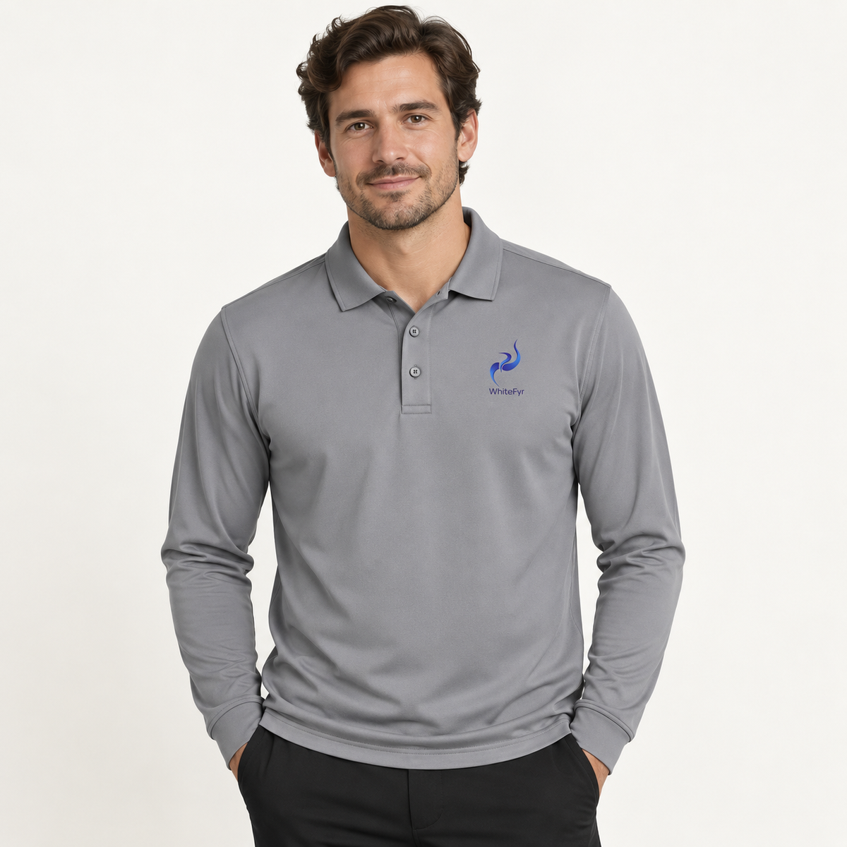 WhiteFyr Men's Performance Polo - Long Sleeve in Gusty Grey — AI-assisted model studio mockup
