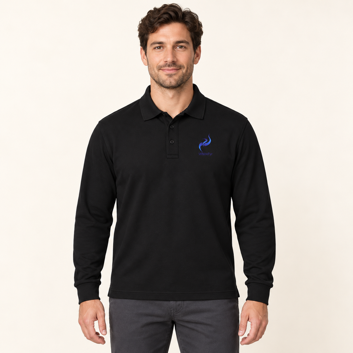 WhiteFyr Men's Performance Polo - Long Sleeve — AI-assisted studio model mockup