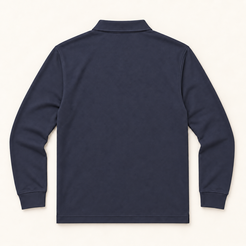 WhiteFyr Men's Performance Polo - Long Sleeve in River Blue Navy — AI-assisted back studio mockup