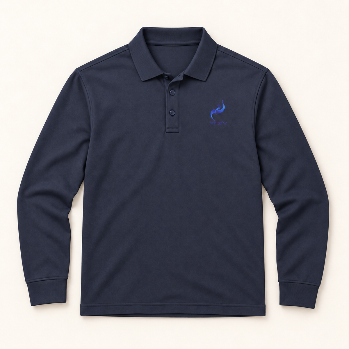 WhiteFyr Men's Performance Polo - Long Sleeve in River Blue Navy — AI-assisted front studio mockup