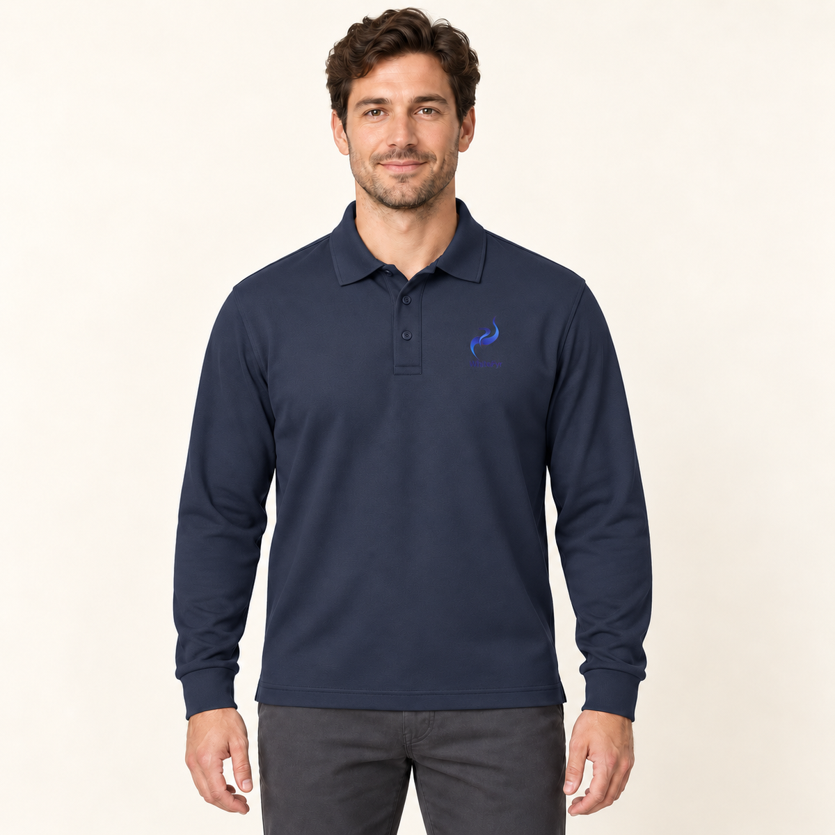 WhiteFyr Men's Performance Polo - Long Sleeve in River Blue Navy — AI-assisted model studio mockup