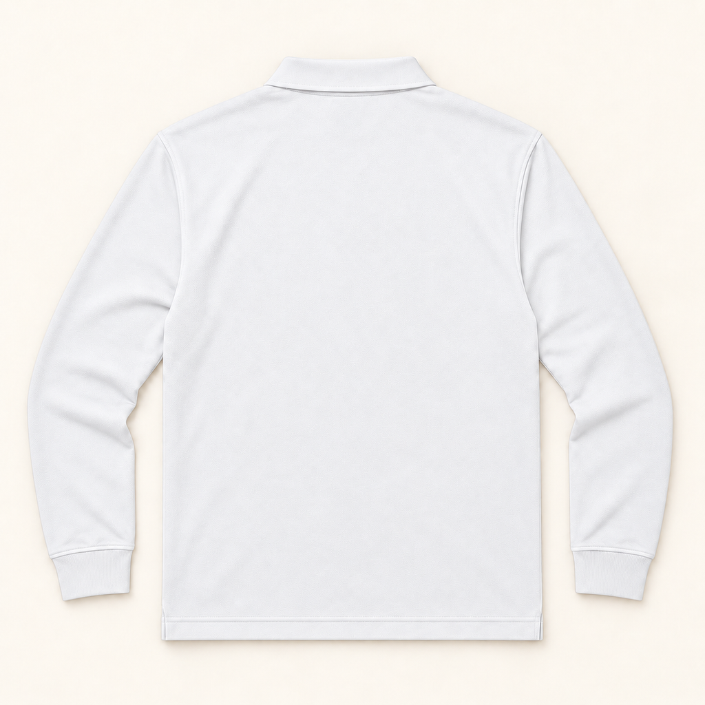 WhiteFyr Men's Performance Polo - Long Sleeve in White — AI-assisted back studio mockup