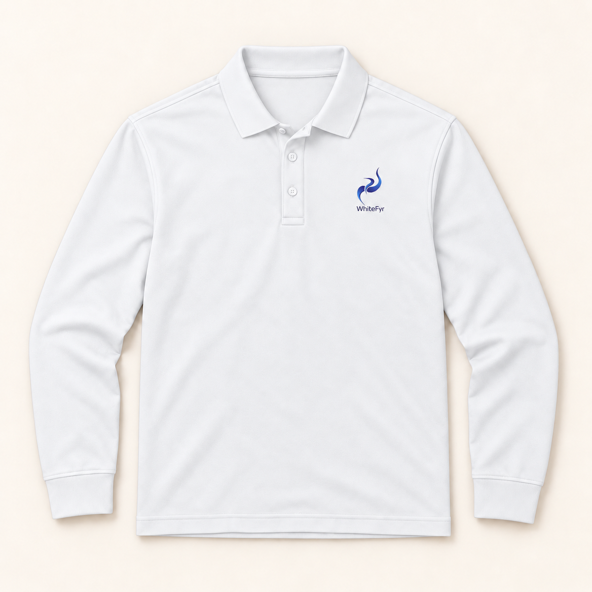 WhiteFyr Men's Performance Polo - Long Sleeve in White — AI-assisted front studio mockup