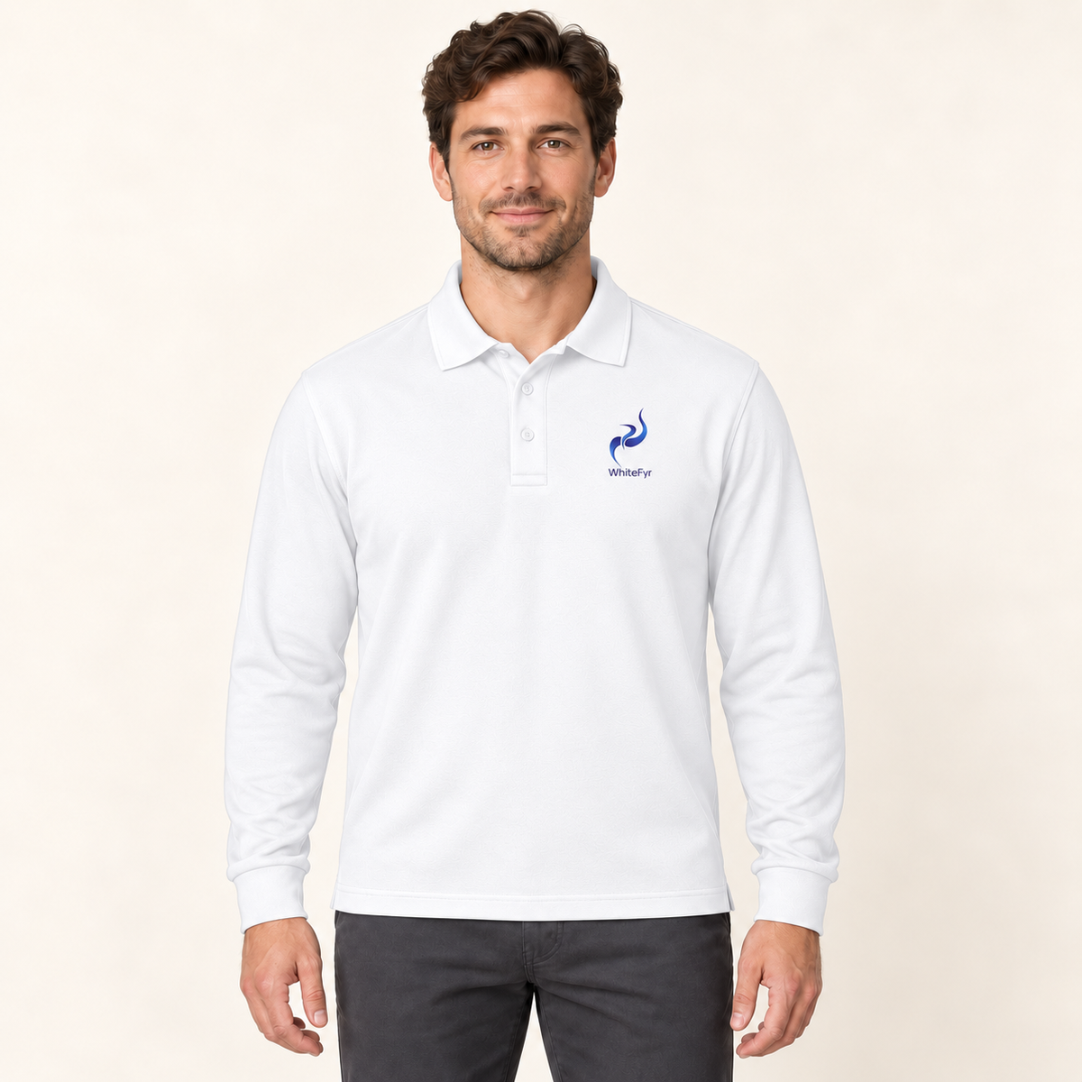 WhiteFyr Men's Performance Polo - Long Sleeve in White — AI-assisted model studio mockup