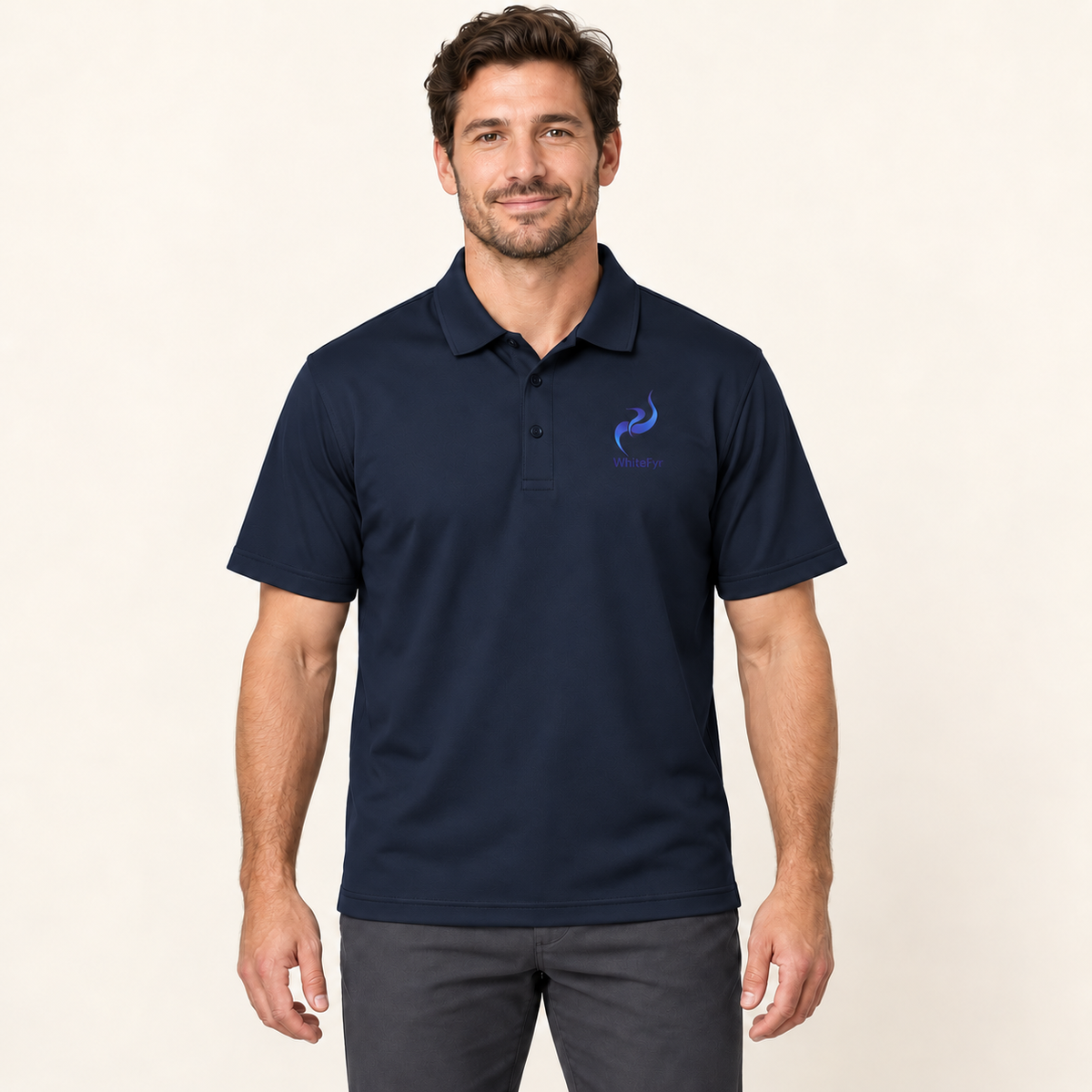 WhiteFyr Men's Performance Polo - Short Sleeve in Navy — AI-assisted model studio mockup