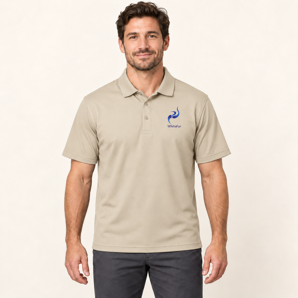 WhiteFyr Men's Performance Polo - Short Sleeve in Sand — AI-assisted model studio mockup