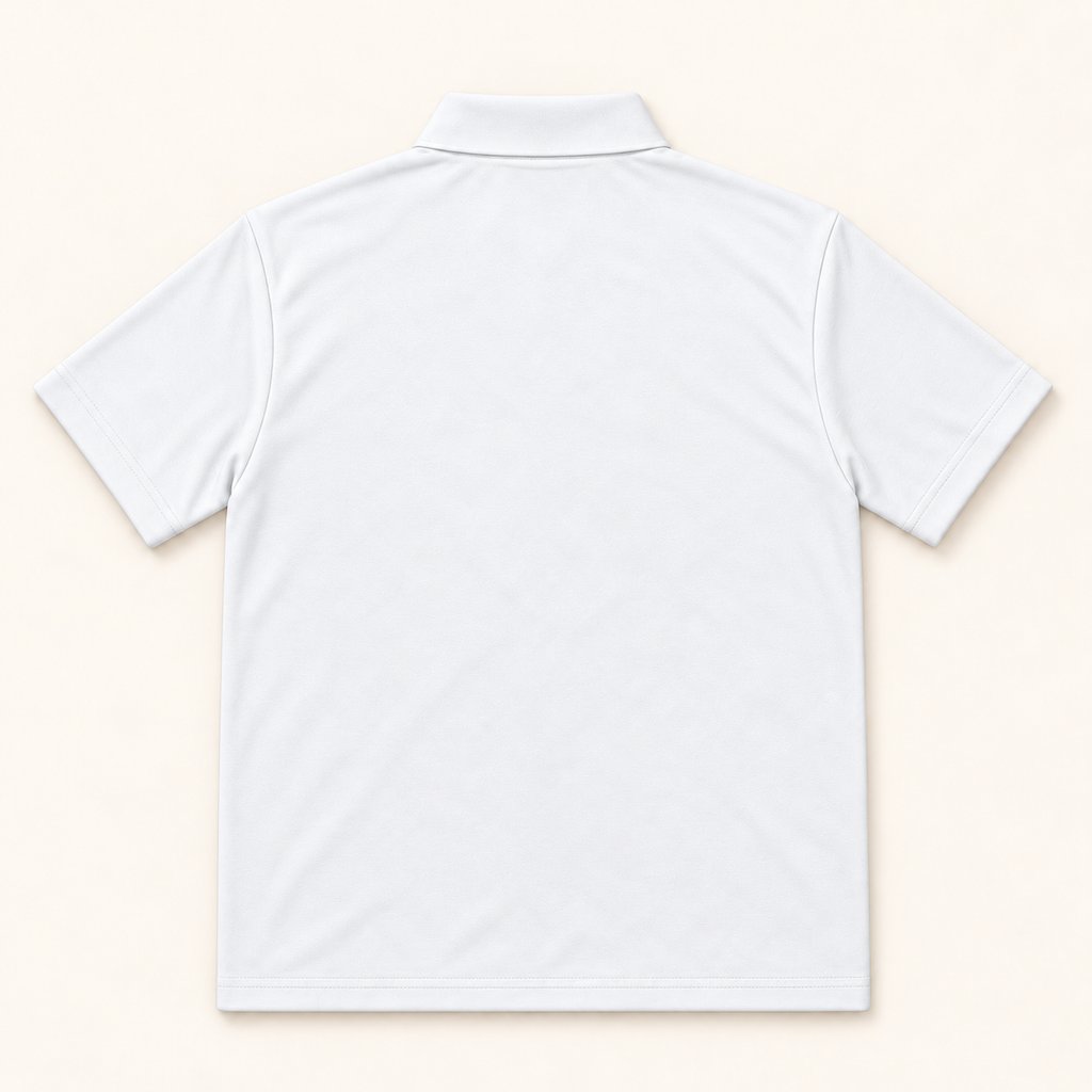 WhiteFyr Men's Performance Polo - Short Sleeve in White — AI-assisted back studio mockup