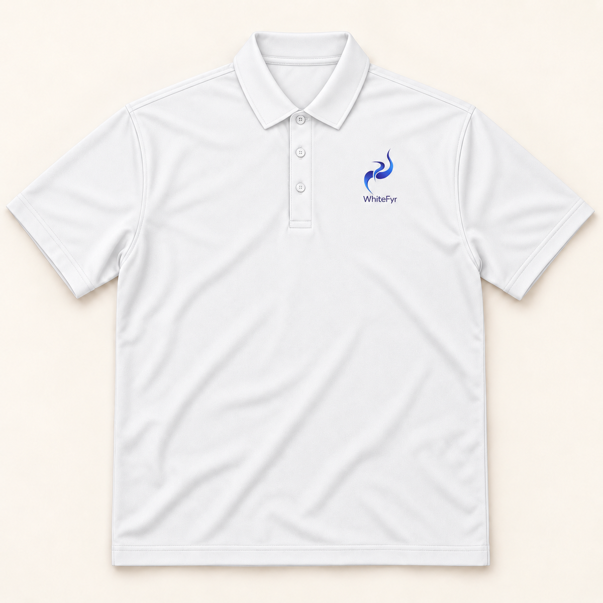 WhiteFyr Men's Performance Polo - Short Sleeve in White — AI-assisted front studio mockup