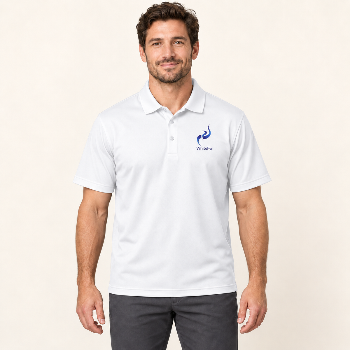 WhiteFyr Men's Performance Polo - Short Sleeve in White — AI-assisted model studio mockup