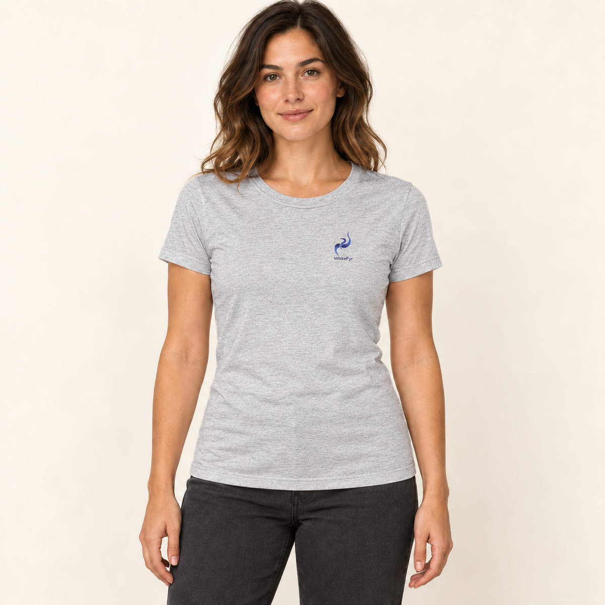 WhiteFyr Women’s Slim-Fit Logo T-Shirt in Athletic Heather — AI-assisted model studio mockup