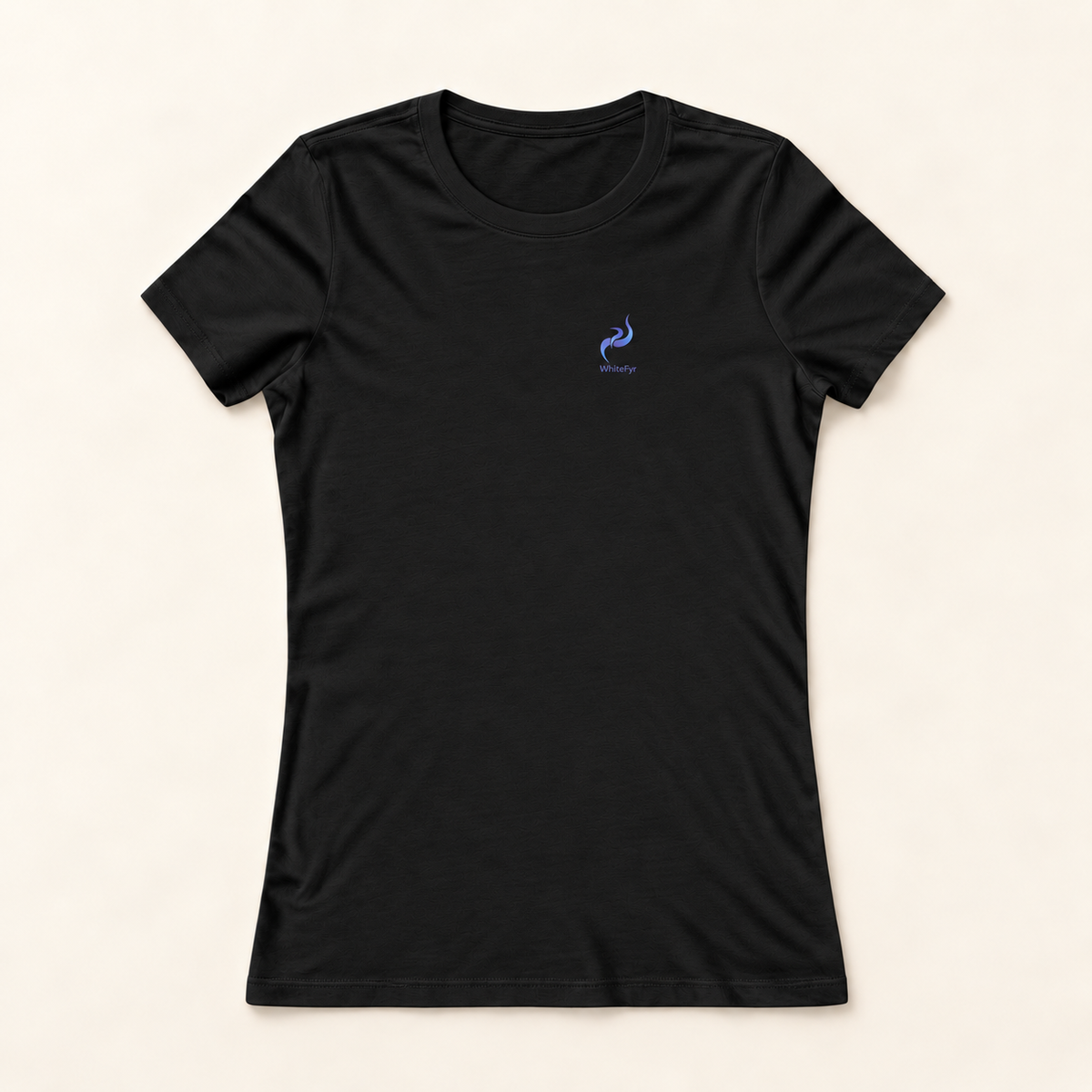 WhiteFyr Women’s Slim-Fit Logo T-Shirt in Black — AI-assisted front studio mockup