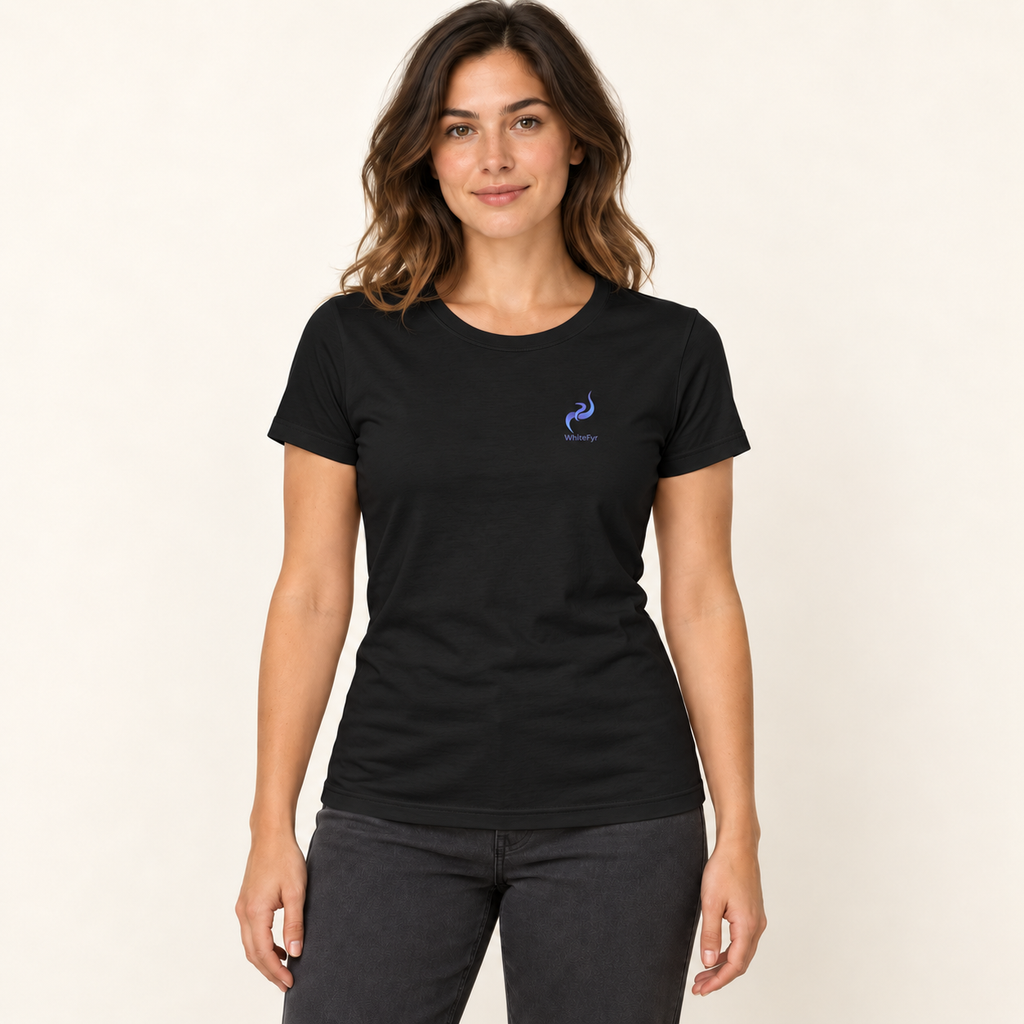 WhiteFyr Women’s Slim-Fit Logo T-Shirt in Black — AI-assisted model studio mockup