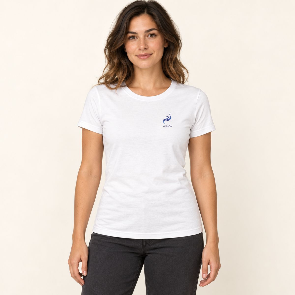 WhiteFyr Women’s Slim-Fit Logo T-Shirt — AI-assisted studio model mockup