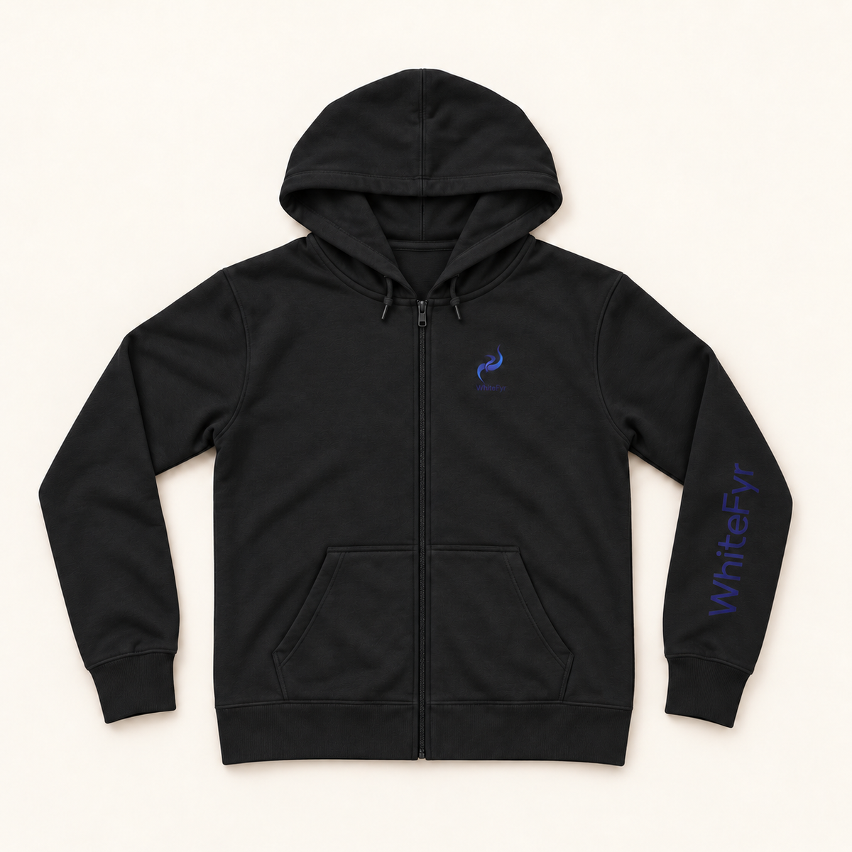 WhiteFyr women's fitted zip hoodie in Black — AI-assisted front studio mockup