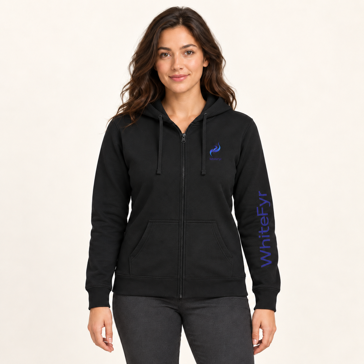 WhiteFyr women's fitted zip hoodie in Black — AI-assisted model studio mockup