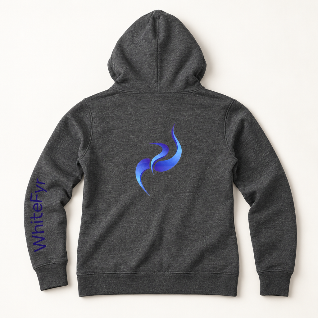 WhiteFyr women's fitted zip hoodie in Dark Heather Grey — AI-assisted back studio mockup