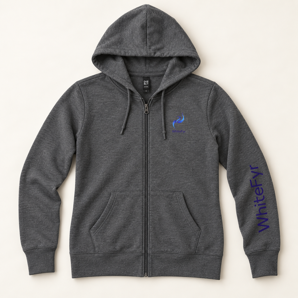 WhiteFyr women's fitted zip hoodie in Dark Heather Grey — AI-assisted front studio mockup