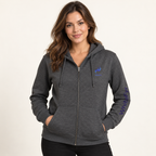 WhiteFyr women's fitted zip hoodie in Dark Heather Grey — AI-assisted model studio mockup