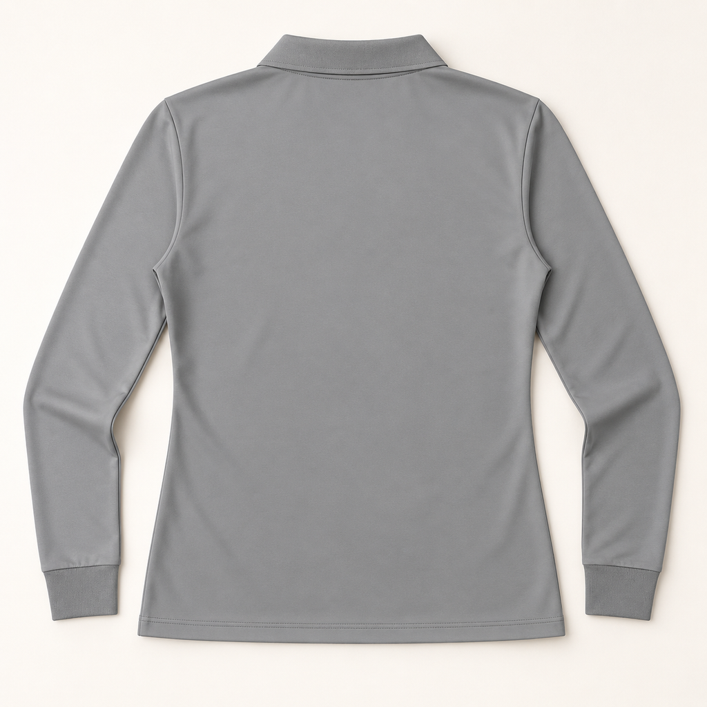 WhiteFyr Women's Performance Polo - Long Sleeve in Gusty Grey — AI-assisted back studio mockup
