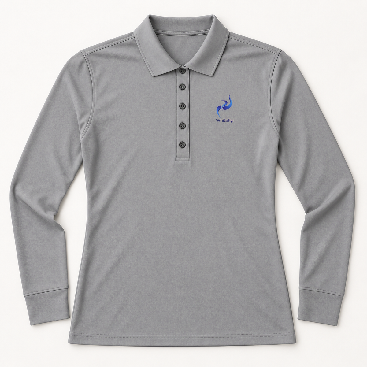 WhiteFyr Women's Performance Polo - Long Sleeve in Gusty Grey — AI-assisted front studio mockup