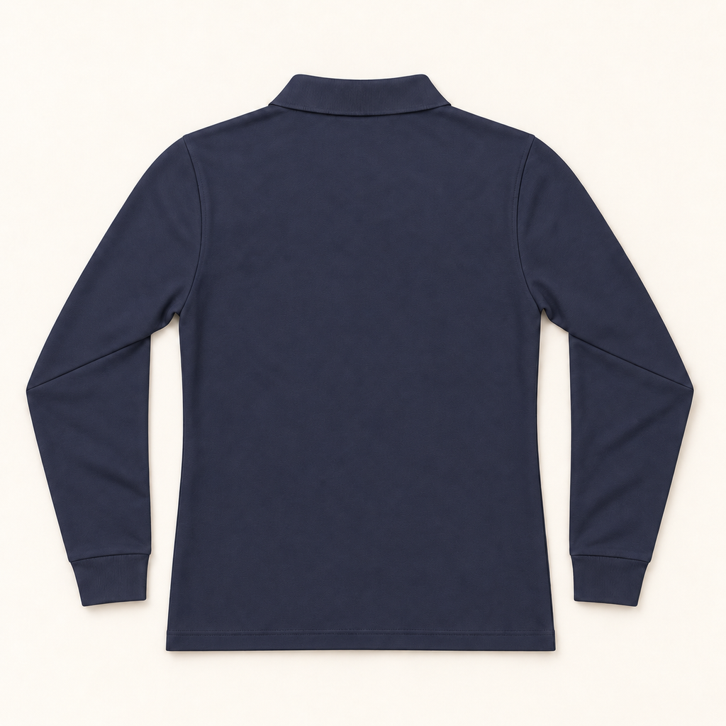 WhiteFyr Women's Performance Polo - Long Sleeve in River Blue Navy — AI-assisted back studio mockup