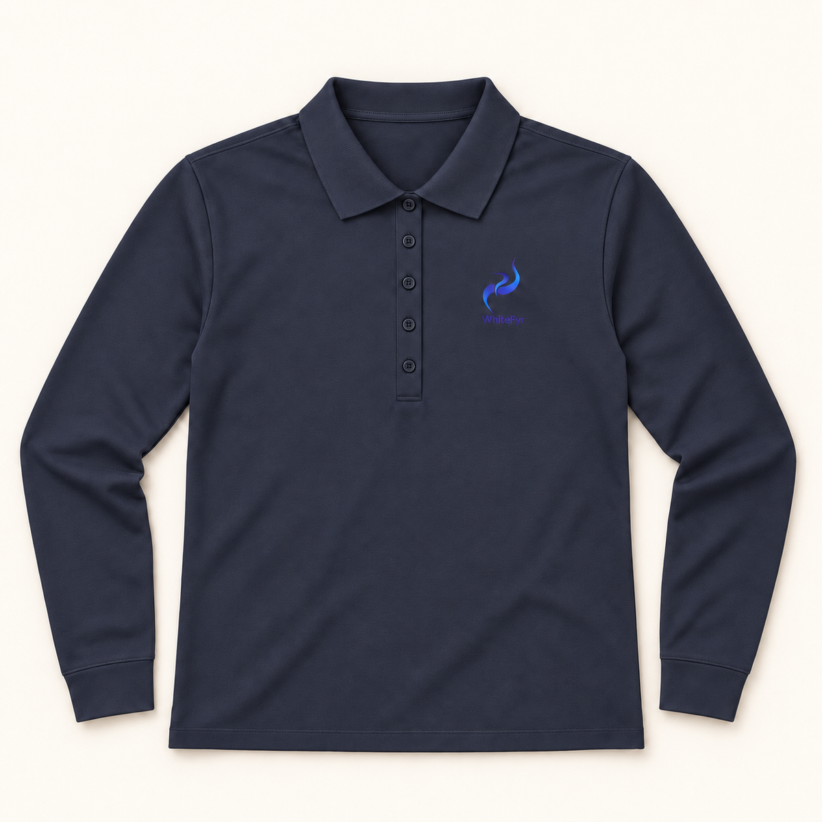 WhiteFyr Women's Performance Polo - Long Sleeve in River Blue Navy — AI-assisted front studio mockup