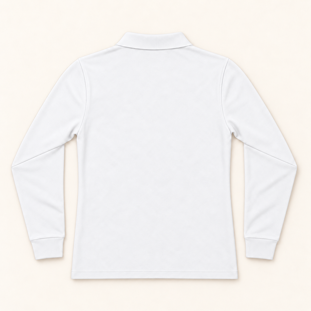 WhiteFyr Women's Performance Polo - Long Sleeve in White — AI-assisted back studio mockup