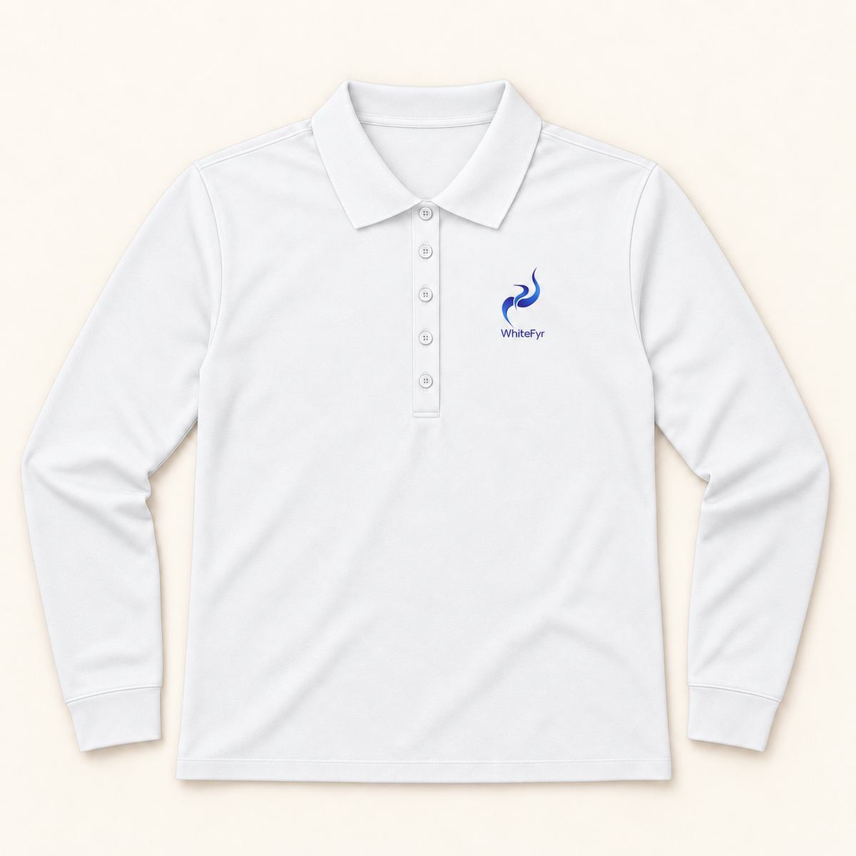 WhiteFyr Women's Performance Polo - Long Sleeve in White — AI-assisted front studio mockup