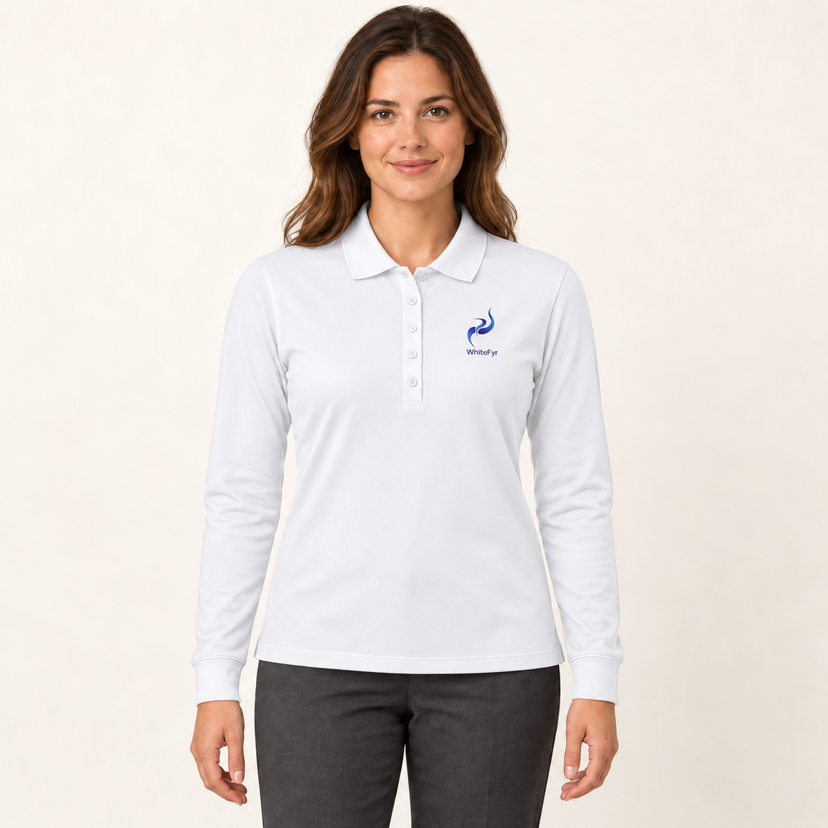 WhiteFyr Women's Performance Polo - Long Sleeve in White — AI-assisted model studio mockup
