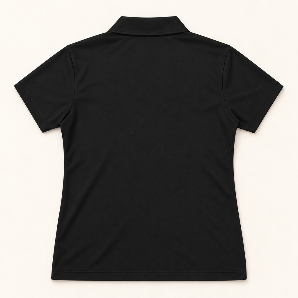 WhiteFyr Women's Performance Polo - Short Sleeve in Black — AI-assisted back studio mockup