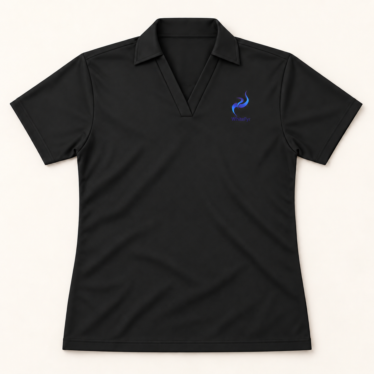 WhiteFyr Women's Performance Polo - Short Sleeve in Black — AI-assisted front studio mockup