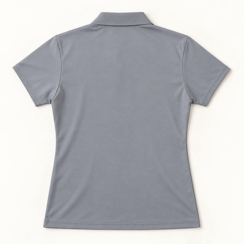 WhiteFyr Women's Performance Polo - Short Sleeve in Heather Steel — AI-assisted back studio mockup