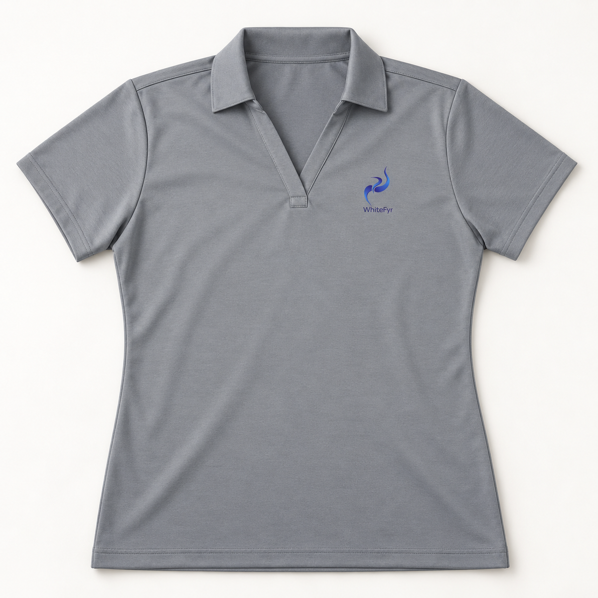 WhiteFyr Women's Performance Polo - Short Sleeve in Heather Steel — AI-assisted front studio mockup