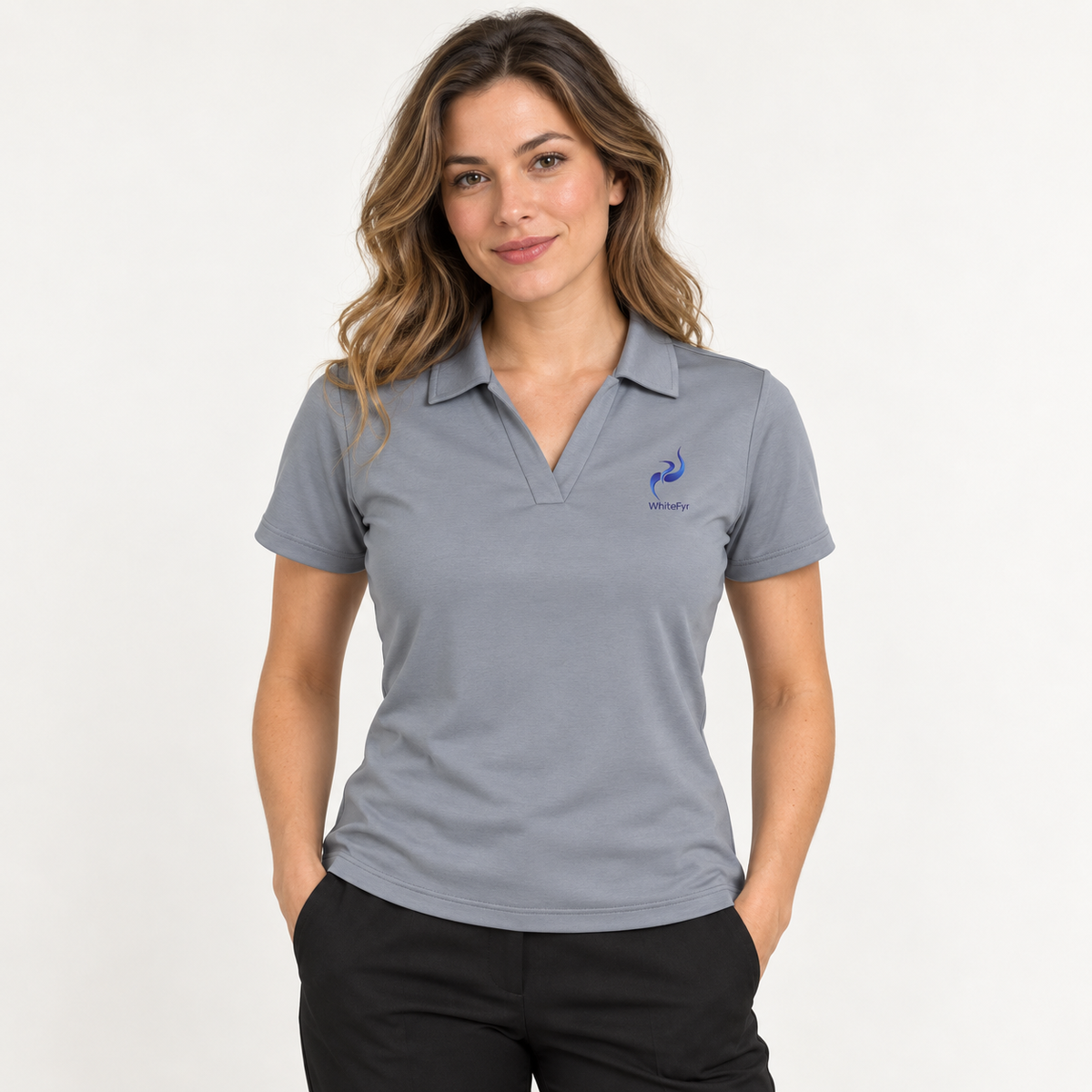 WhiteFyr Women's Performance Polo - Short Sleeve in Heather Steel — AI-assisted model studio mockup