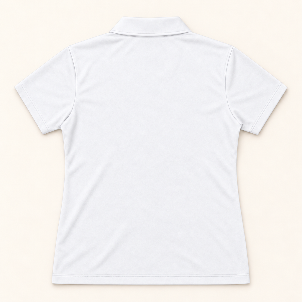 WhiteFyr Women's Performance Polo - Short Sleeve in White — AI-assisted back studio mockup