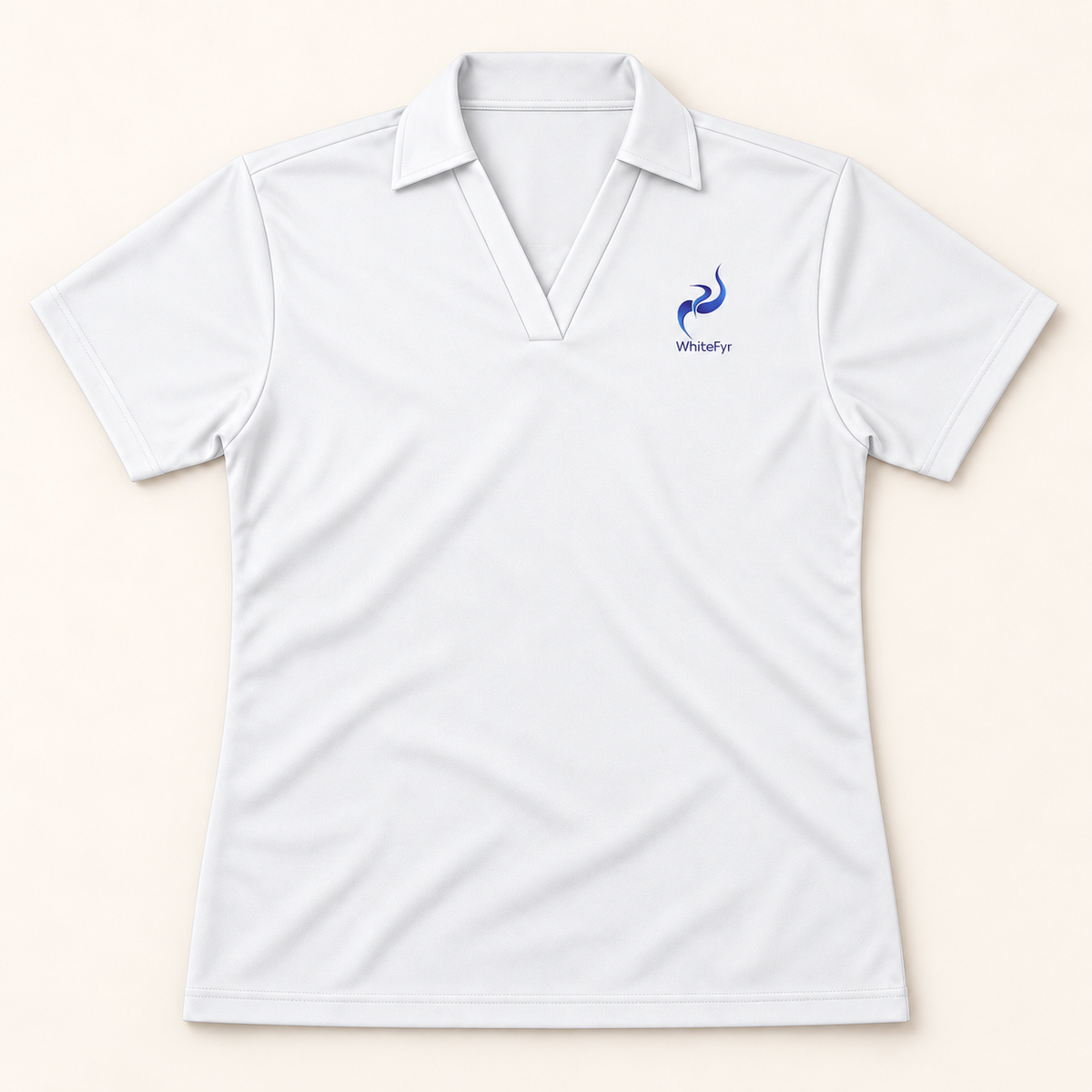 WhiteFyr Women's Performance Polo - Short Sleeve in White — AI-assisted front studio mockup